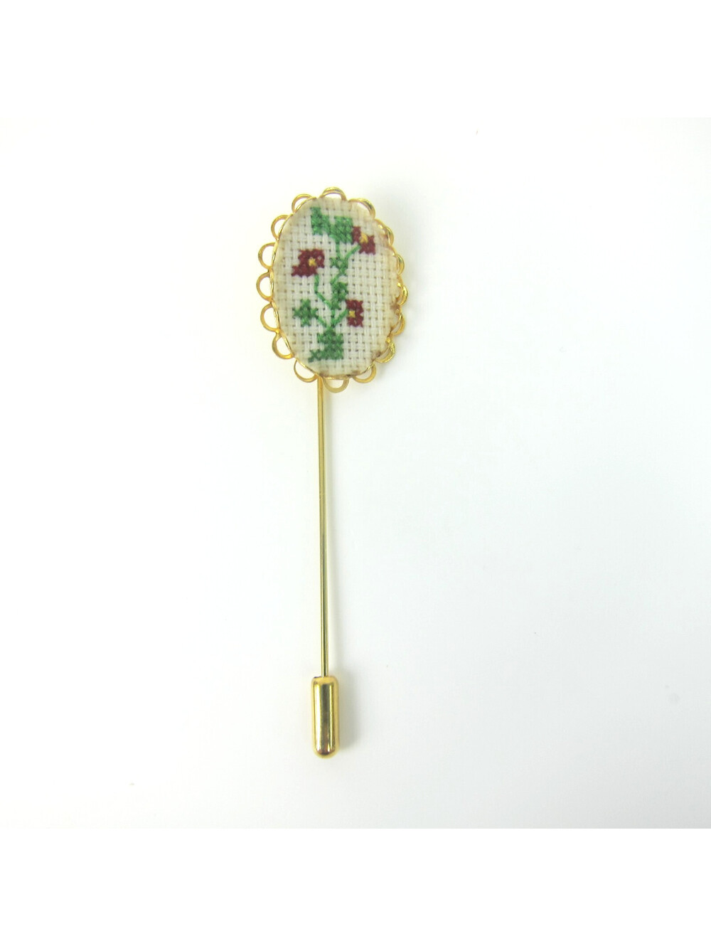 Vintage Lapel Stick Pin Cross Stitch Needlepoint Flowers Gold Tone Frame Brooch